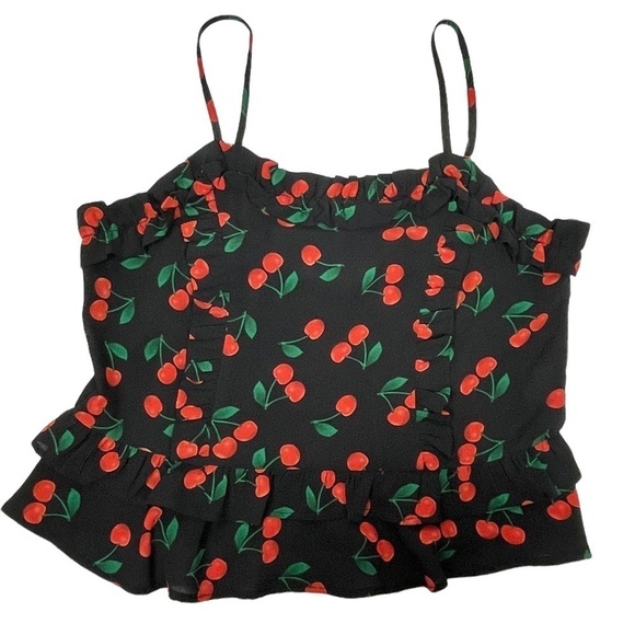 ANTHROPOLOGIE FREE GENERATION CHERRY RUFFLE PEPLUM CAMI HIGH WAISTED SHORT SET - Picture 4 of 16